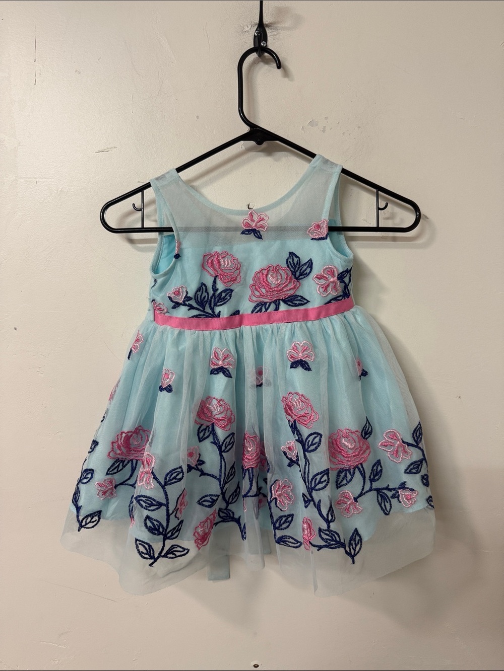Jona Michelle Light Blue Tulle Dress with Pink & Navy Floral Embroidery